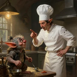 kitchen goblins attacking a chef, realistic,