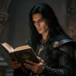 DND character concept of a man with tan skin and long straight black hair, reading an evil demonic book, rogue class warrior class