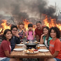 family photo during a bbq wildfire disaster, still from a Disney Channel comedy, 2008 cinematography