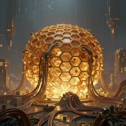 Mystical Sci-fi Concept Art, Technological, Cables, Wires, Landscape, Mechanically Enhanced Honeycomb, Cybernetic, Ambient Lighting, Honeycomb, Glowing Amber, Honey. Cityscape.