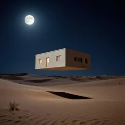 a single building flying above a desert oasis in a moonlit night in the style of peter mohrbacher and jacek yerka