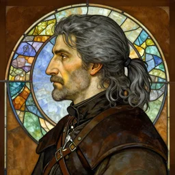 detailed side - view portrait of vesemir, an old witcher, dark grey hair, half ponytail, mustache, stained glass art, brown background, by alphonse mucha, masterful