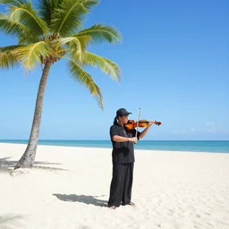 violinist on the beach with palm trees blue sky tropical island on horizon