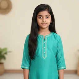 little indian girl with long straight black hair wearing a sea green anarkali suit and with a floral skull face paint, while holding a bouquet, in cemetery, digital art