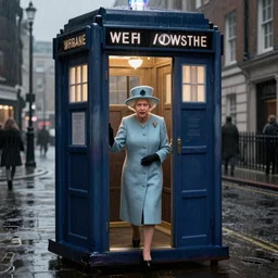 Queen Elizabeth II stepping out of the Tardis on a dark rainy London street, highly detailed, digital painting, artstation, concept art, smooth, sharp focus