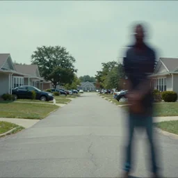 film still of a liminal middle class American suburb, glitch in the matrix, horrifying monster, motion blur, lens blur, clean, empty, depth of field, no filter