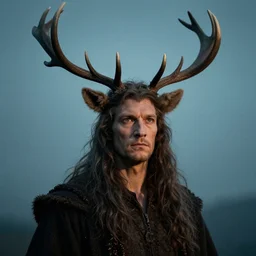 portrait of a man with antlers and long hairs in alan lee and marc simonetti and emil melmoth style  , cinematic lighting