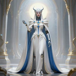 benevolent cyborg necromancer, scifi, futuristic, elegant cape, helpful, kind, intelligent, alien room background, white, blue, gold, highly detailed, trending on artstation, soft light, holy machine, advanced technology, art by vitaly bulgarov and nivanh chanthara