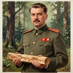 soviet propaganda poster of hungarian politician, holding a wood piece, forest in background