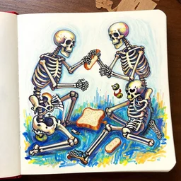 colorful art brut drawing of three skeletons fighting over a piece of bread, found doodled in a sketchbook
