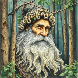 camouflage art ; the forest makes the face of a wise old hassid wearing a shtrimel with a long beard dancing, masterpiece, golden mean, line art color pencil, watercolor, award winning by bev doolittle