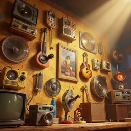 a wall of retro and vintage items, groovy, highly detailed digital painting, concept art by yongfei liu, alben tan, vance kocas, octane rendered, low angle, god rays, cg society, unreal engine