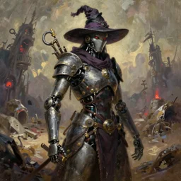 extremely detailed oil painting portrait of a robotic witch knight scavenger in an apocalyptic fantasy wasteland art by Greg Rutkowski, trending on artstation