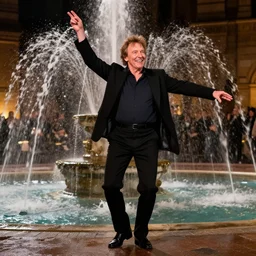 peter capaldi che balla felice in una fontana di notte