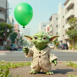 yoda holding a green balloon in the tokyo suburbs by wes anderson and zdzislaw beksinski, highly detailed, trending on artstation
