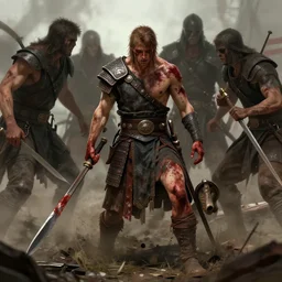 aesthetic digital illustration of a defeated male warrior captured by the enemy, by anne stokes | dirty and bloody, battlefield, concept art, unreal engine, finalrender, centered, deviantart, artgerm