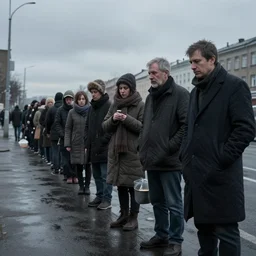 waiting in line for cold soup by simon stalenhag and gil elvgren and tom bagshaw, highly detailed, hyperrealism, dreary, cold, cloudy, grey, rich vs. poor