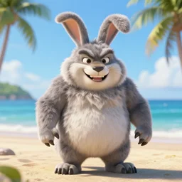 a photorealistic adorable fierce furry monster with long fur long floppy rabbit ears chubby body and wolf body and wolf legs with thick stubby claws, Smiling at the camera with a mischievous grin, happy lighting, at a tropical beach