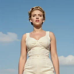 full body portrait of scarlett johannson in the style of bill medcalf, blue sky with a few clouds, retro, 1 9 5 0, 4 k, detailed, headroom, rule of thirds