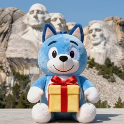 blue'snappy gifts'human - sized plush doll, at mt. rushmore, holding gift, happy atmosphere, high detail, soft lighting, 8 k