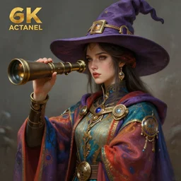 an anthropomorphic beautiful scifi female scientist portrait holding telescope wearing colourful robe, wizard hat, fine art, award winning, intricate, elegant, sharp focus, octane render, hyperrealistic, wizard hat cinematic lighting, highly detailed, digital painting, 8 k concept art, art by jamie hewlett and z. w. gu, masterpiece, trending on artstation, 8 k