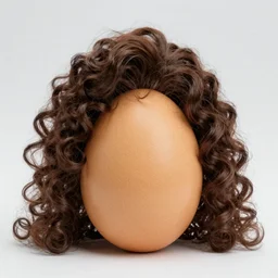 egg with long curly brown hair wig on top of it, photo, 4 k, studio lighting