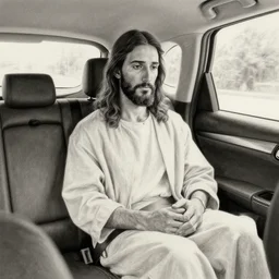 realistic pencil drawing of jesus christ sitting in the backseat of a car, masterpiece