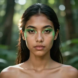 beautiful portrait, ( ( head shot ) ), taino, sharp focus, ffxiv, neo classic, bloom, movie still, dogi, sony, symmetrical, makeup, sephora, loreal, green highlights, lens, flare, studio light, octane render, maybelline, model, skin care, sephora, forest background, traditional, vsco, bokeh, 8 k
