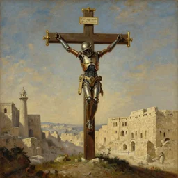 oil painting of a steampunk robot crucified on a cross in ancient jerusalem by matthias grunewald