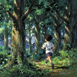 glitch ghost in the shell flcl running through the city of trees by makoto shinkai concept art by syd mead
