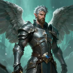 an epic fantastic realism comic book style portrait painting of an aasimar paladin, male, angel wings on back, silver hair, short brown beard, d & d concept art, unreal 5, daz, teal aesthetic, octane render, cosplay, rpg portrait, dynamic lighting