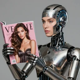 realistic portrait of metal robot is holding a fashion magazine in hand and the magazine displays victoria's secret model and robot's head is partially moprhed into copy of the model's face, realistic, 4 k