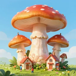 a highly detailed photo of a giant mushroom, on which tiny people are living peacefully in tiny houses, vivid colours, photorealistic