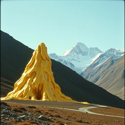 vintage color photo of a massive liquid gold sculpture in cordillera de los andes, image by werner herzog