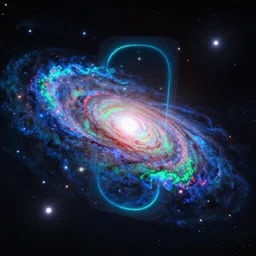 A beautiful render of a galaxy, floating among stars, influenced by Yoshitaka Amano and ilya repin and ted nasmith, mysterious, glowing neon blue teal red green colors in the walls of portal, vibrant neon clouds, insanely detailed and intricate, octane render, volumetric lighting, high contrast, ultraviolet and neon colors, trending on Artstation, 4K