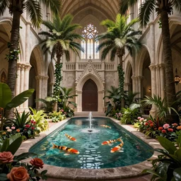 grand cathedral interior with koi pond in the middle surrounded by palm trees, ivy, flowers, tropical plants, roses, and with archways, rendered in octane render with photorealistic cinematic volumetric lighting, cinematic, centered, horizontal symmetry