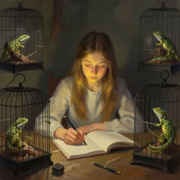 a painting of a russian girl in her room studying surrounded by cages with reptiles, night light lighting only on her face digital painting, artstation,