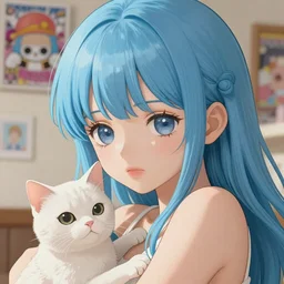 Single teenager girl with cat as One Piece, Shonen JUMP magazine illustration, light blue hair, light skin, soft light, sharp focus