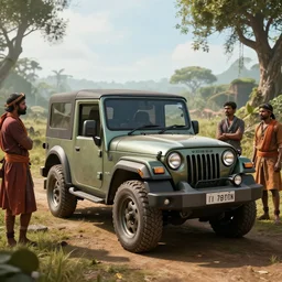 Mahindra thar tribe members watching nearby an epic fantasy dramatic lighting cinematic establishing shot extremely high detail photorealistic, octane render