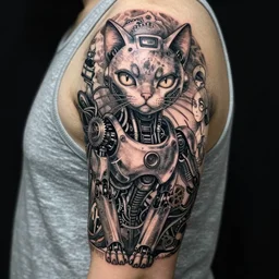 Anime manga robot!! cat tattoo, cyborg cat, exposed wires and gears, fully robotic!! cat, manga!! in the style of Junji Ito and Naoko Takeuchi, tattoo on upper arm