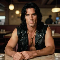 rhett sarlin sitting at a table in a cantina on tatooine, long black hair, open black leather vest, gold chain necklace, portrait by ralph mcquarrie