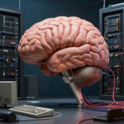 realistic detailed photo rendered in octane 3 d, of a big human brain connected with wires and cords to an old pc computers from 9 0 s in a server room by francis bacon, by h. r. giger, by ayami kojima, amano, karol bak, greg hildebrandt, and mark brooks, rich deep colors. beksinski painting, art by takato yamamoto. masterpiece. rendered in blender, ultra realistic, smooth shading, ultra detailed, high resolution, cinematic, unreal 6