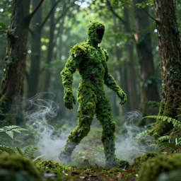 man made of smoke walks in a green forest, octane render, dramatic lighting, cinematic