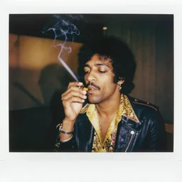 jimi hendrix smoking a bong, polaroid, candid