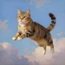 A painting of a jumping cat under the sky, by (Ross Tran, Norman Rockwell, Leonardo da Vinci), beautiful clouds, hind legs, strong facial features, Trending on Artstation