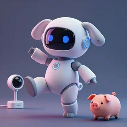 product photo of a futuristic judgemental cute robot pet, asymmetric flowing dancing pose minimalistic cute, by artgerm and greg rutkowski and marc newson and zaha hadid, alphonse mucha, samsung apple webcam, matte glossy materials, neon, otter puppy pig. three quarter view, volumetric light, detailed, octane render, midsommar