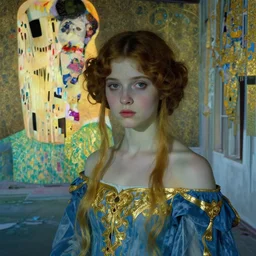 close up of a girl in a blue and gold haunted liminal abandoned room, film still by edward hopper, by Pontormo, by klimt, pre-raphaelite. art noveau, art noveau, highly detailed, strong lights, liminal, eerie, Bright pastel colors