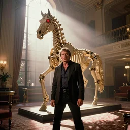 photorealistic master shot cinematography of a steve mcqueen acting in a twilight zone episode about a photoreal h. r. giger designed horse skeleton sculpture with glowing red eyes shot on film at magic hour with the sun shining into a large 6 0's hotel lobby room filled with volumetric haze by the shining cinematographer john alcott on a cooke panchro 1 8 mm lens.
