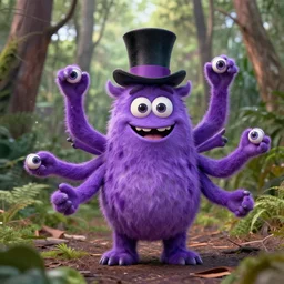 a photo of a violet monster with many arms and eyes wearing a top hat  smiling in an australian forest