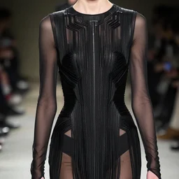 close up of a fashion model with edgy black Thierry Mugler dress in circuit style, official Thierry Mugler editorial,  fall-winter 2015-2016, highly detailed